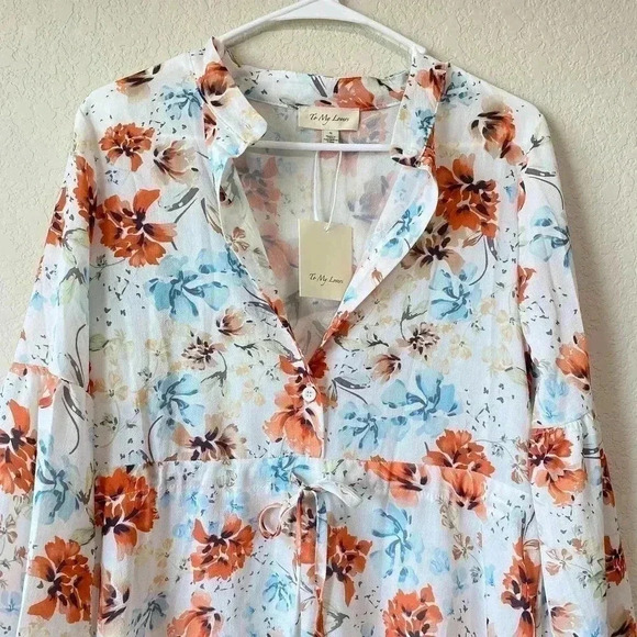 To My Lovers Sheer Floral Dress Women's Size Small Long Sleeve White Blue - Picture 3 of 10